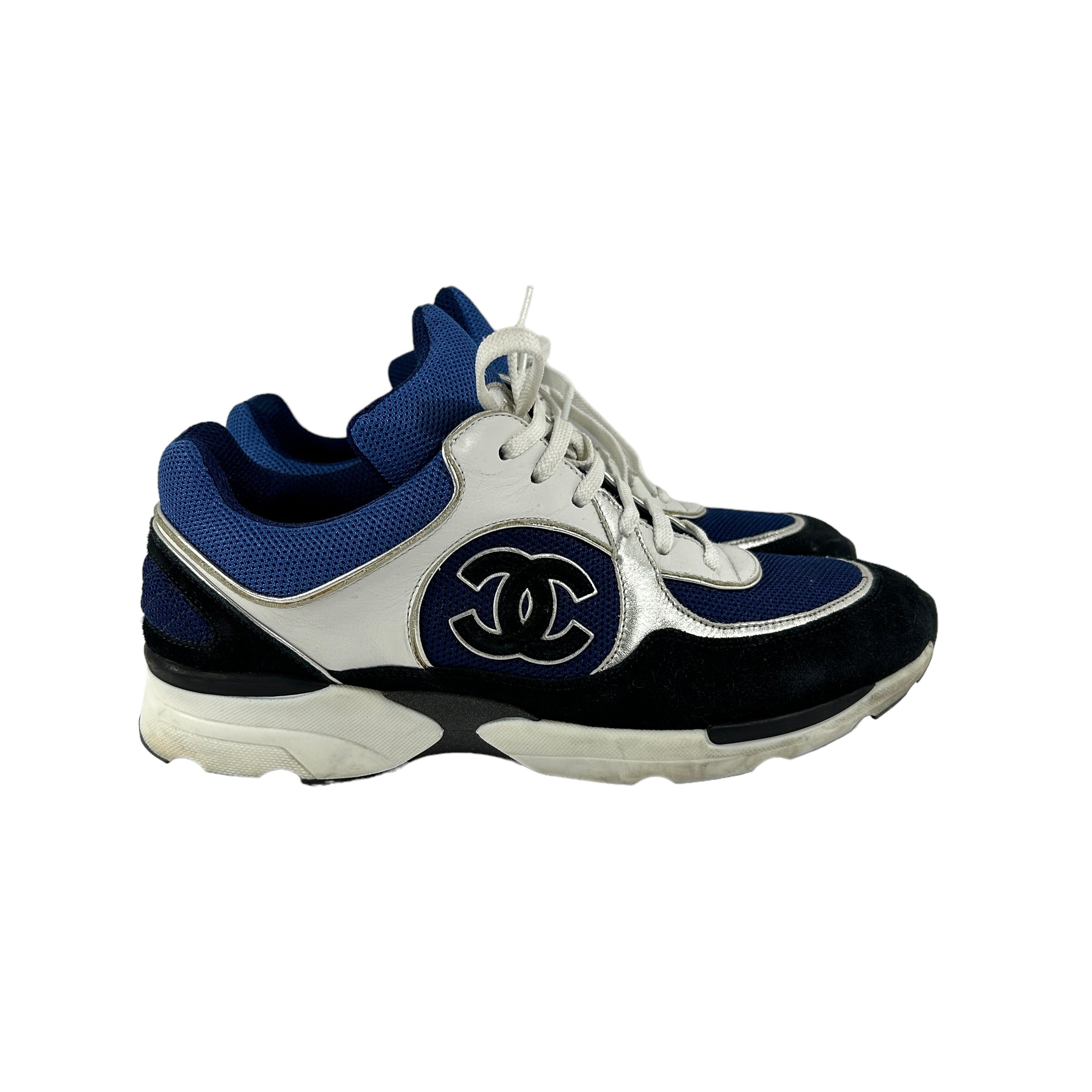 CHANEL CC Blue/Black Leather/Suede/Mesh Sneakers