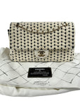 CHANEL White Knit Wool/Black Calfskin Leather Flap Bag w/GHW